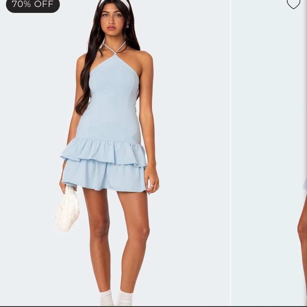 Light Blue Halter Ruffle Mini Dress - Picture 2 of 3